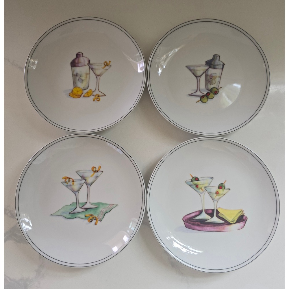 Boston Warehouse 2003 Martini Cocktail Appetizer Plates White Ceramic Set of 4